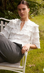 RDF White Elbow length Blouse -Top with Tassle details