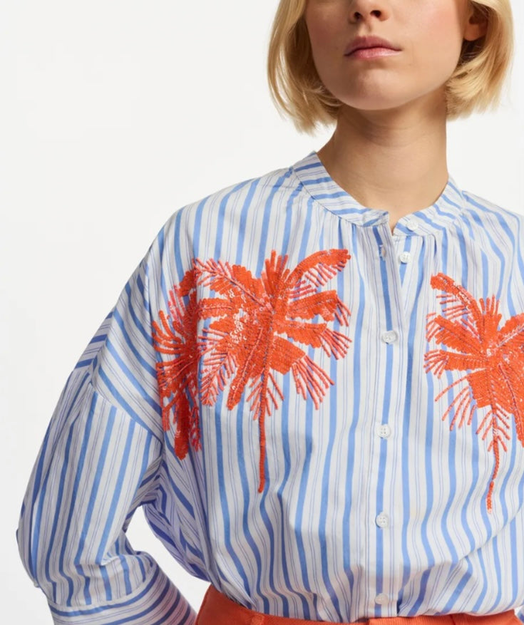 Essentiel Antwerp Blue & White Stripe Shirt with Beaded & Embroidered Motiff