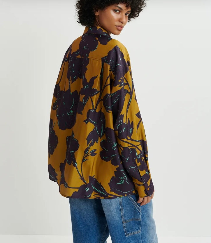 Essentiel Antwerp Bronze & Navy Silk Floral Print Shirt