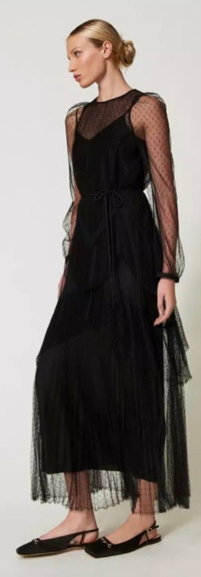 Twinset Milano Black Long Romantic pleated Tulle Dress