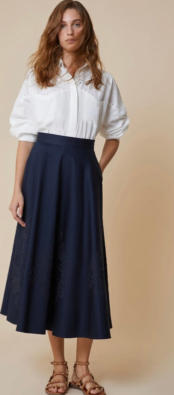 PennyBlack Navy Full Circle Embroidered Skirt
