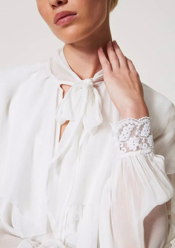 Twinset Milano Snow White Georgette Blouse with Frill & Lace