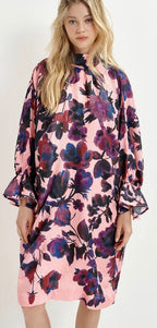Essentiel Antwerp Light Pink , Navy & Purple Floral Print Mini Dress with High Collar
