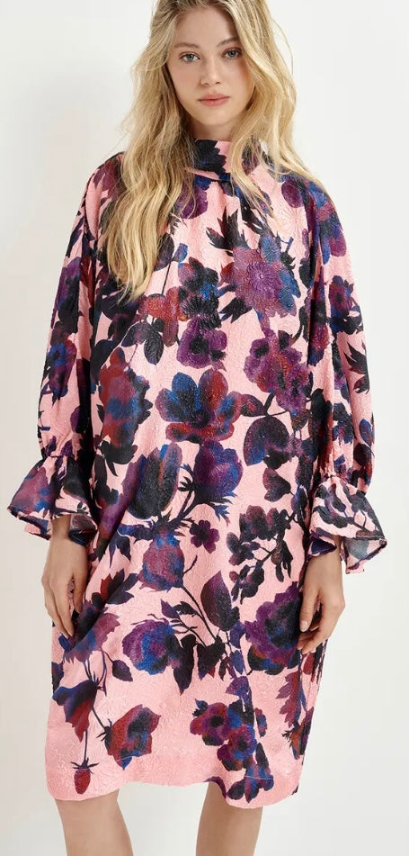 Essentiel Antwerp Light Pink , Navy & Purple Floral Print Mini Dress with High Collar