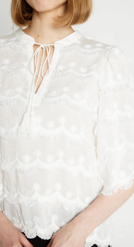 RDF White Elbow length Blouse -Top with Tassle details