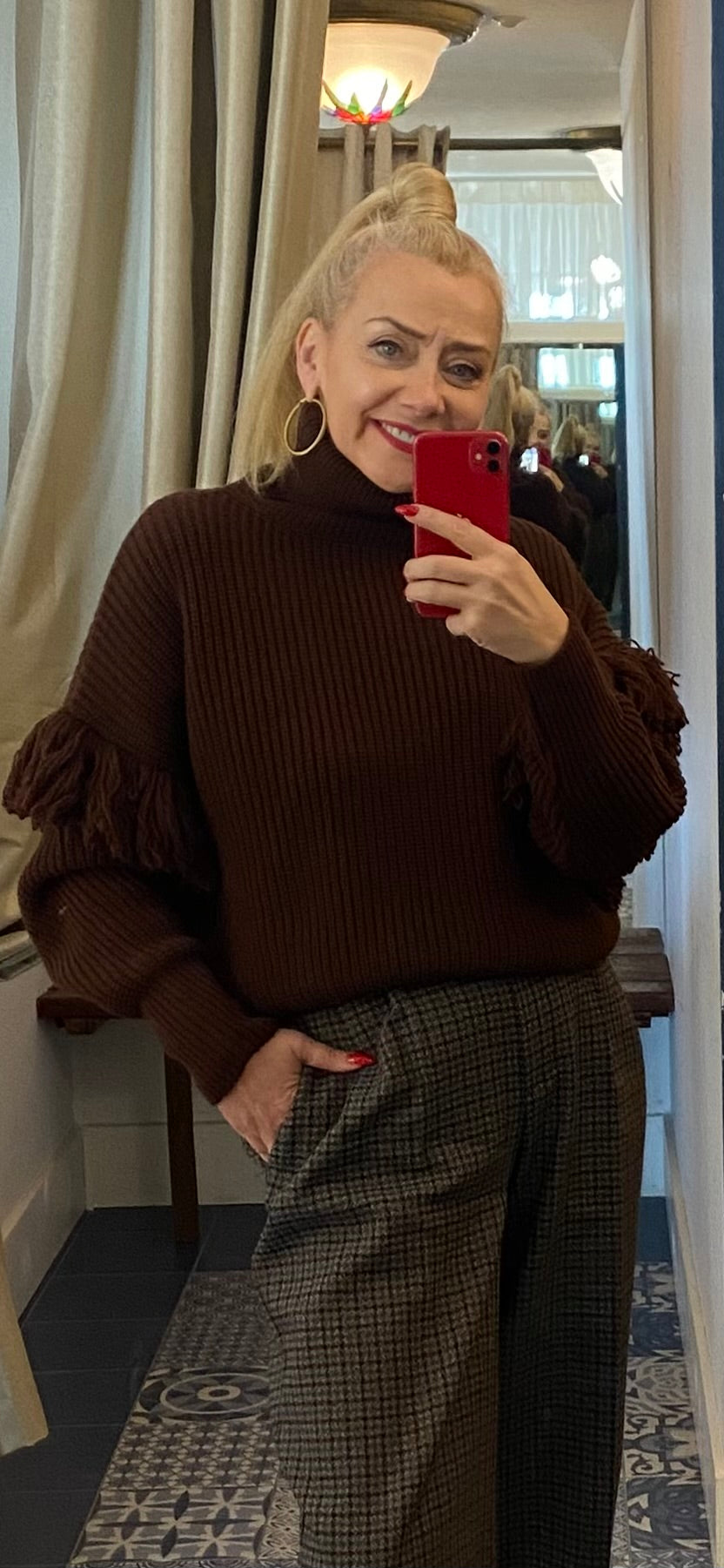 Essentiel Antwerp Dark Brown Fringed Knit Sweater