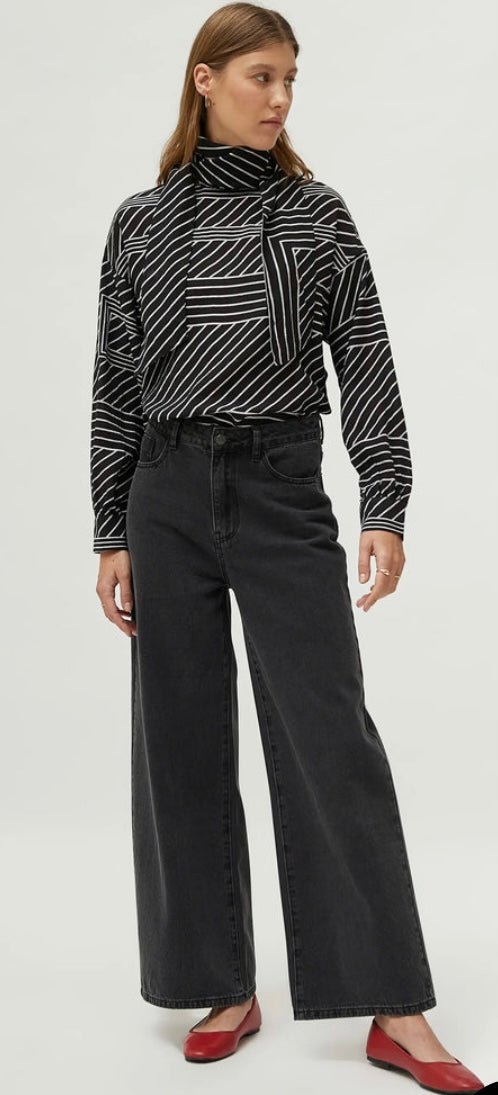 Compania Fantastica Black & White Graphic Stripe Print Blouse with Foulard Neckline