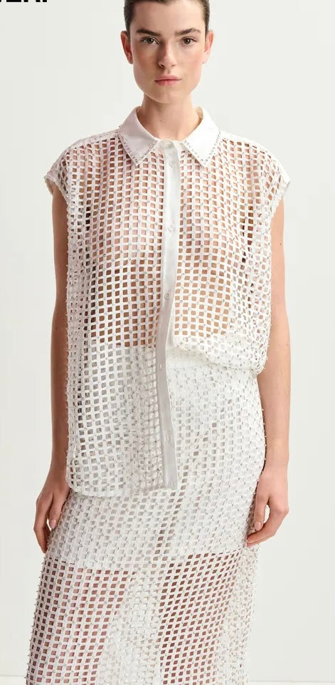 Essentiel Antwerp White Mesh Sleeveless Shirt with Crystal Embellishments