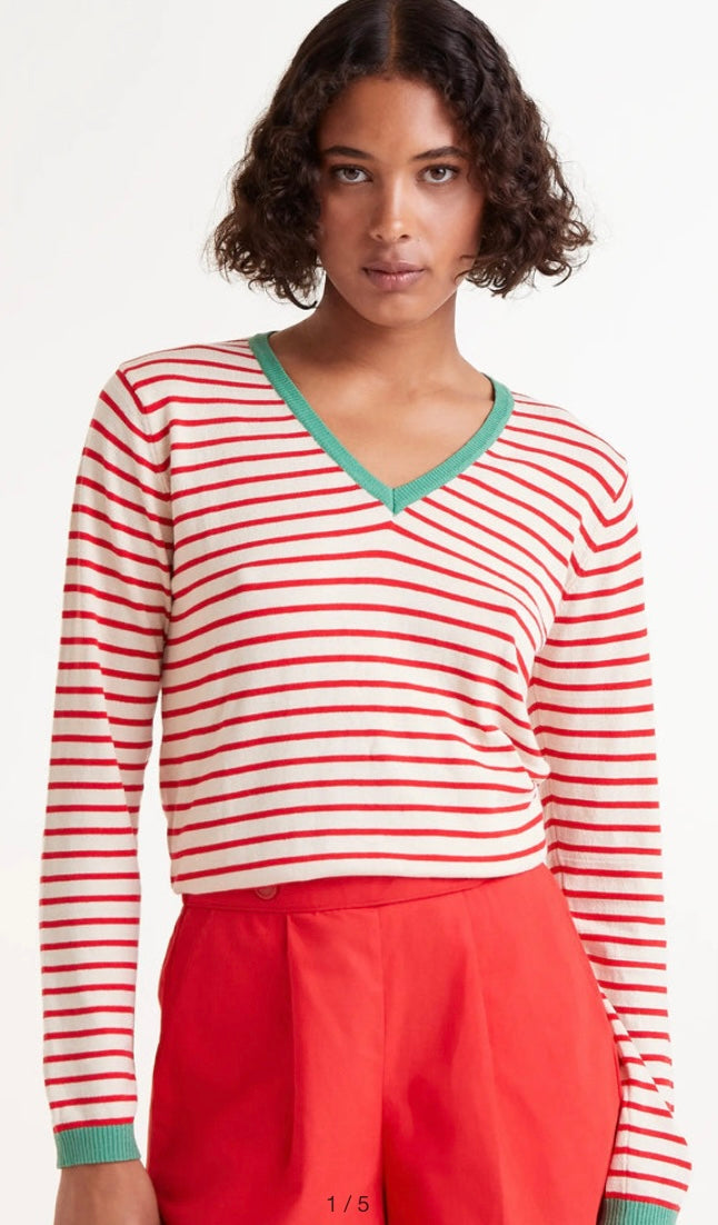 Compania Red Striped V-Neck Fine Knit Sweater