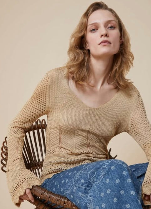 PennyBlack Gold Silk Crochet V-Neck Knit