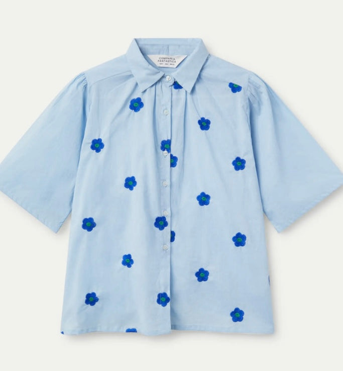 Compania Blue Short Sleeve Blouse with blue flowers
