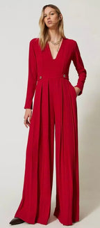Twinset Milano Venetian Red Crepe Pleated Jumpsuit