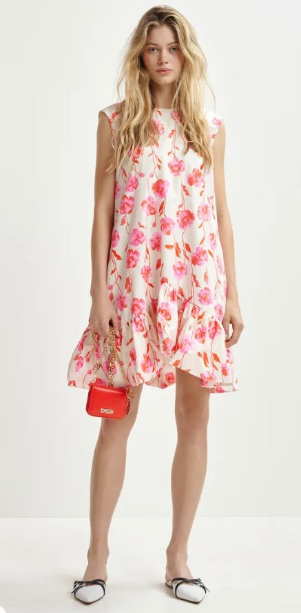 Essentiel Antwerp Pink /  Red / Orange Floral Shift Dress with puffball Frill Hemline