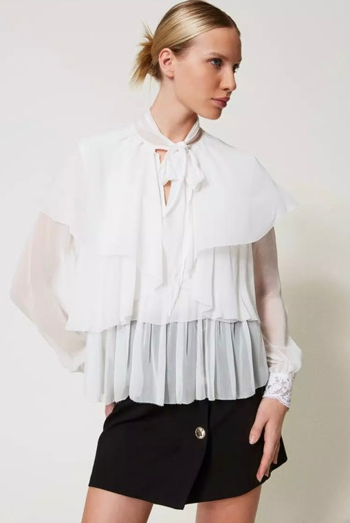 Twinset Milano Snow White Georgette Blouse with Frill & Lace