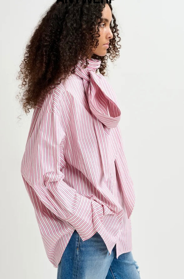 Essentiel Antwerp Pink Pin-Stripe Pussybow Shirt