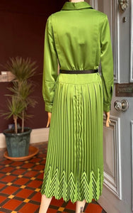 Beatrice B Kiwi Green Satin Pleated Midi Shirt Dress