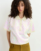 Essentiel Antwerp Off-White Iridescent Sequin Polo Knit Top