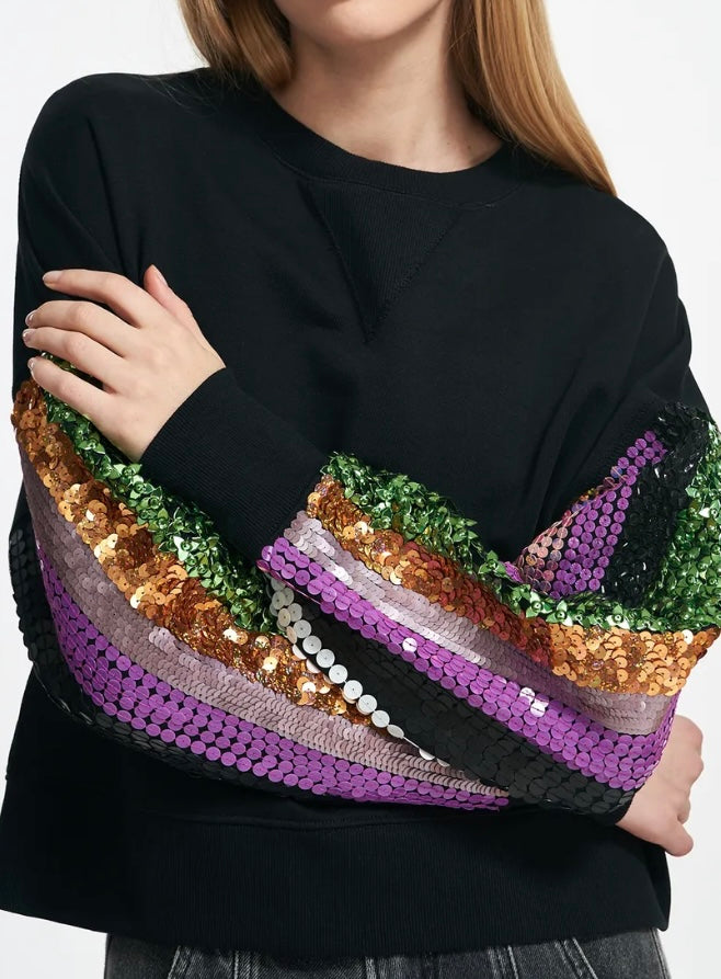 Essentiel Antwerp Black Sweatshirt with Multicoloured Sequin Embroideries
