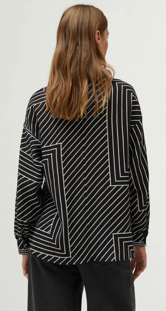Compania Fantastica Black & White Graphic Stripe Print Blouse with Foulard Neckline