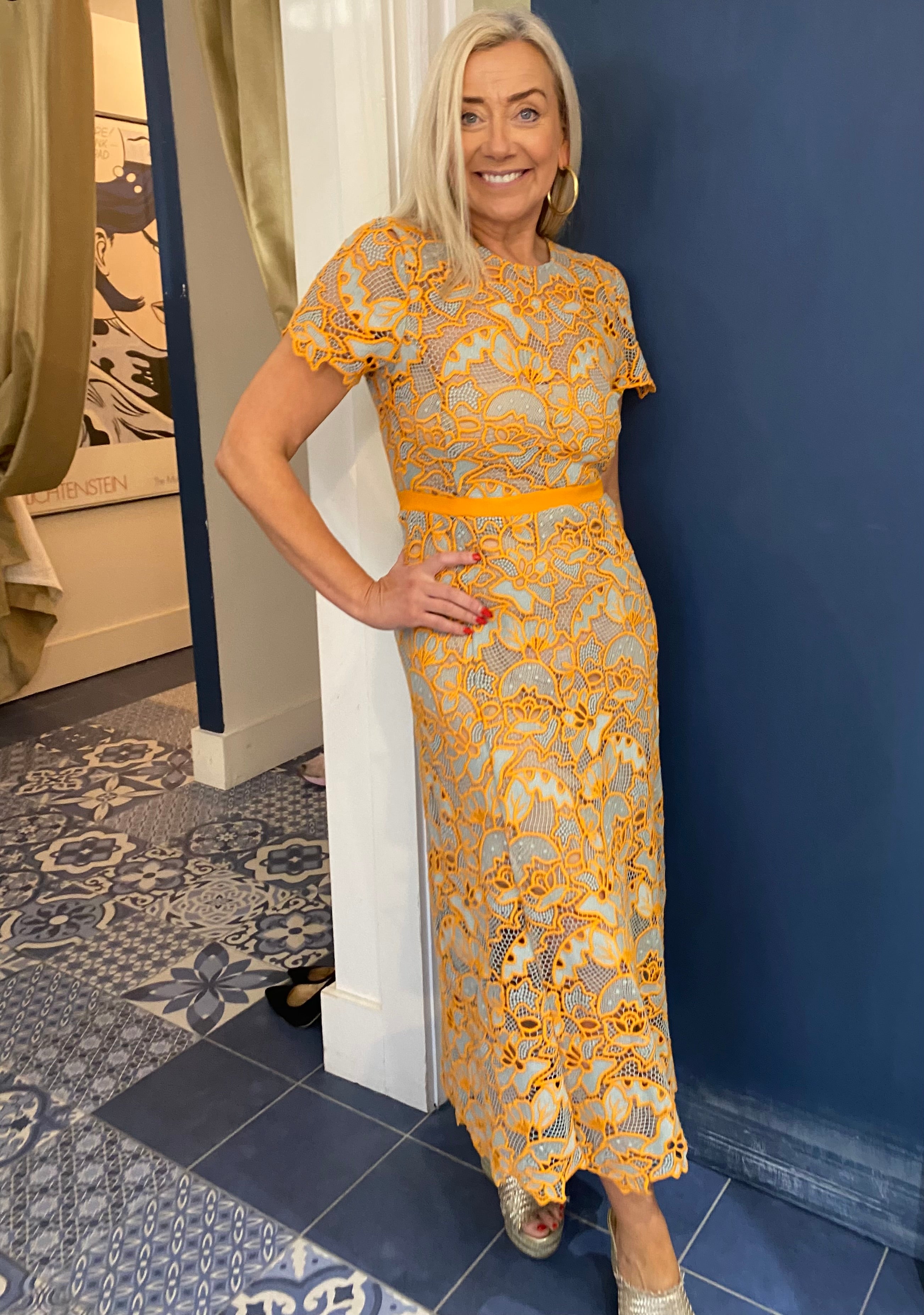 Beatrice B Orange & Duck Egg Blue Macrame Lace Dress