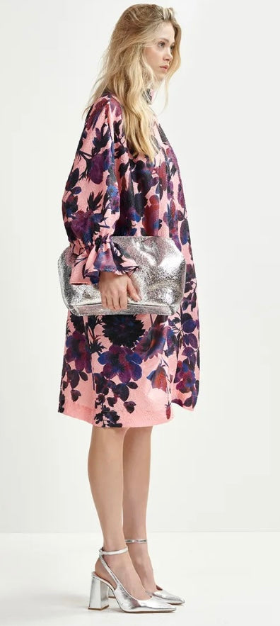 Essentiel Antwerp Light Pink , Navy & Purple Floral Print Mini Dress with High Collar