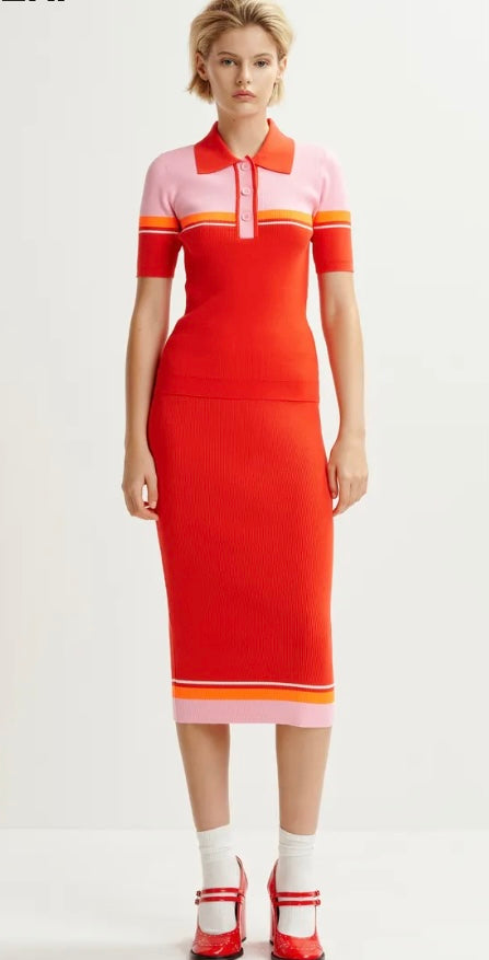 Essentiel Antwerp Red / Pink Fine Knit Polo Top