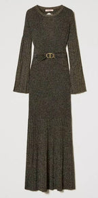 Twinset Milano Gold Lurex Rib Knit Long Dress with T-Bar Belt