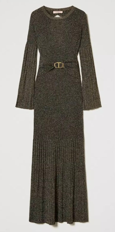 Twinset Milano Gold Lurex Rib Knit Long Dress with T-Bar Belt
