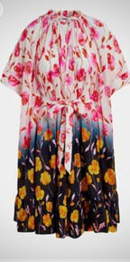 Essentiel Antwerp Pink & Navy Floral Belted Cape Dress Cape