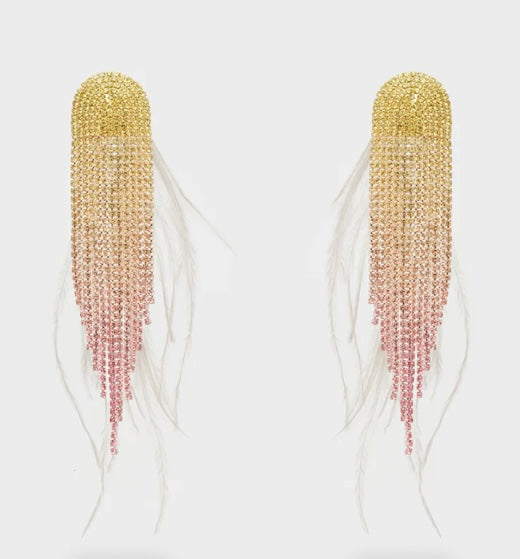 Nali Pink & Gold Feathers & Crystal Tassle Earrings