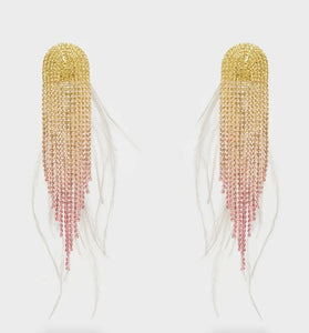 Nali Pink & Gold Feathers & Crystal Tassle Earrings