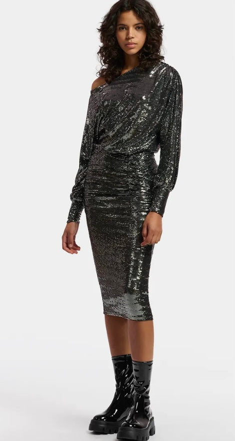 Essentiel Antwerp Black & Silver Metallic Stretch Bodycon Dress