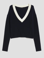 PennyBlack Navy Ribbed V-Neck Jumper with Off-White & Gold Lurex Trim
