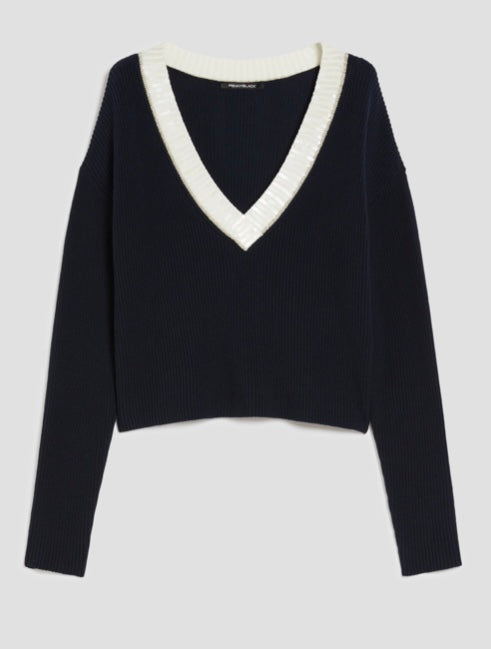 PennyBlack Navy Ribbed V-Neck Jumper with Off-White & Gold Lurex Trim