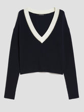 Load image into Gallery viewer, PennyBlack Navy Ribbed V-Neck Jumper with Off-White &amp; Gold Lurex Trim
