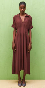 Beatrice B Chocolate Silk Dress with Pleated waist