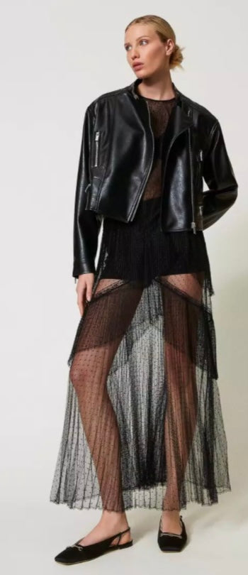 Twinset Milano Black Long Romantic pleated Tulle Dress