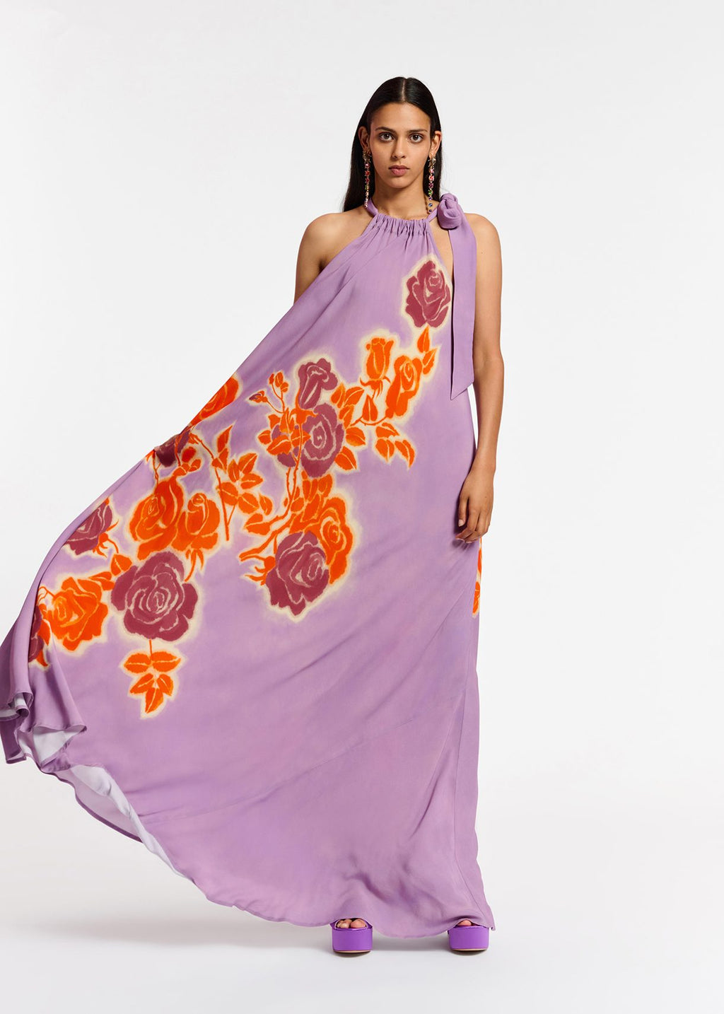 Essential Antwerp Lilac, orange and purple floral print halter neck maxi dress