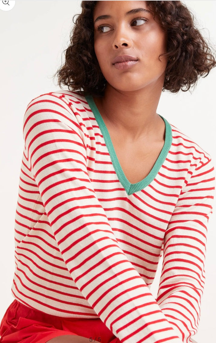 Compania Red Striped V-Neck Fine Knit Sweater