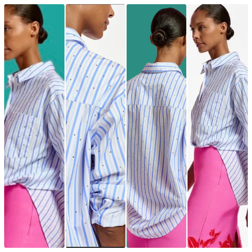 Essentiel Antwerp White and Blue Rhinestone Embellished Shirt