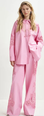 Essentiel Antwerp Pink Cotton Shirt with Embroidery Anglaise Appliqué