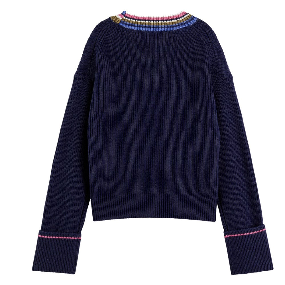 SCOTCH & SODA Cotton Colour-Trimmed V-Neck Navy Blue Jumper