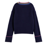 SCOTCH & SODA Cotton Colour-Trimmed V-Neck Navy Blue Jumper