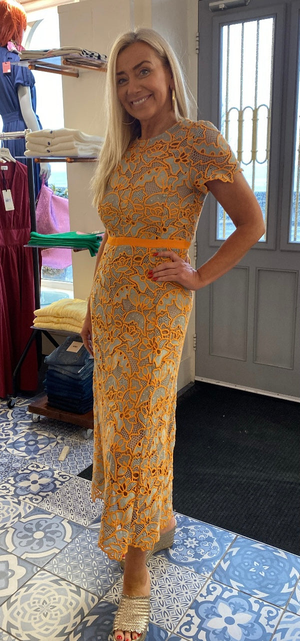 Beatrice B Orange & Duck Egg Blue Macrame Lace Dress