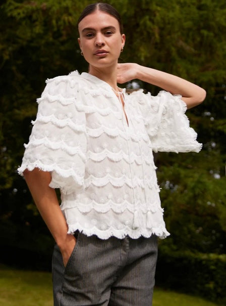 RDF White Elbow length Blouse -Top with Tassle details