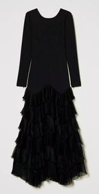 Twinset Milano Long Black Dress with Lace Flounce Frill Botton