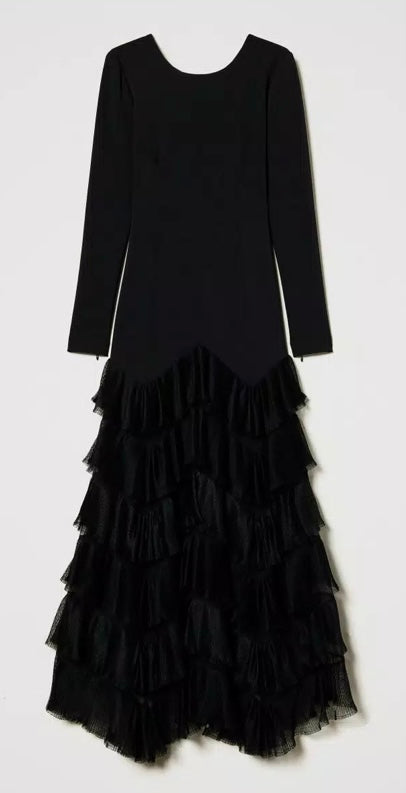Twinset Milano Long Black Dress with Lace Flounce Frill Botton