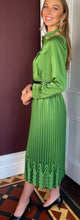 Load image into Gallery viewer, Beatrice B Kiwi Green Satin Pleated Midi Shirt Dress
