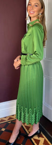 Beatrice B Kiwi Green Satin Pleated Midi Shirt Dress