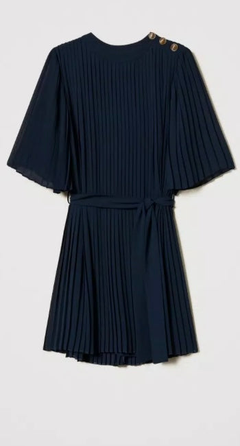 Twinset Milano Navy Pleated Georgette Short Dress